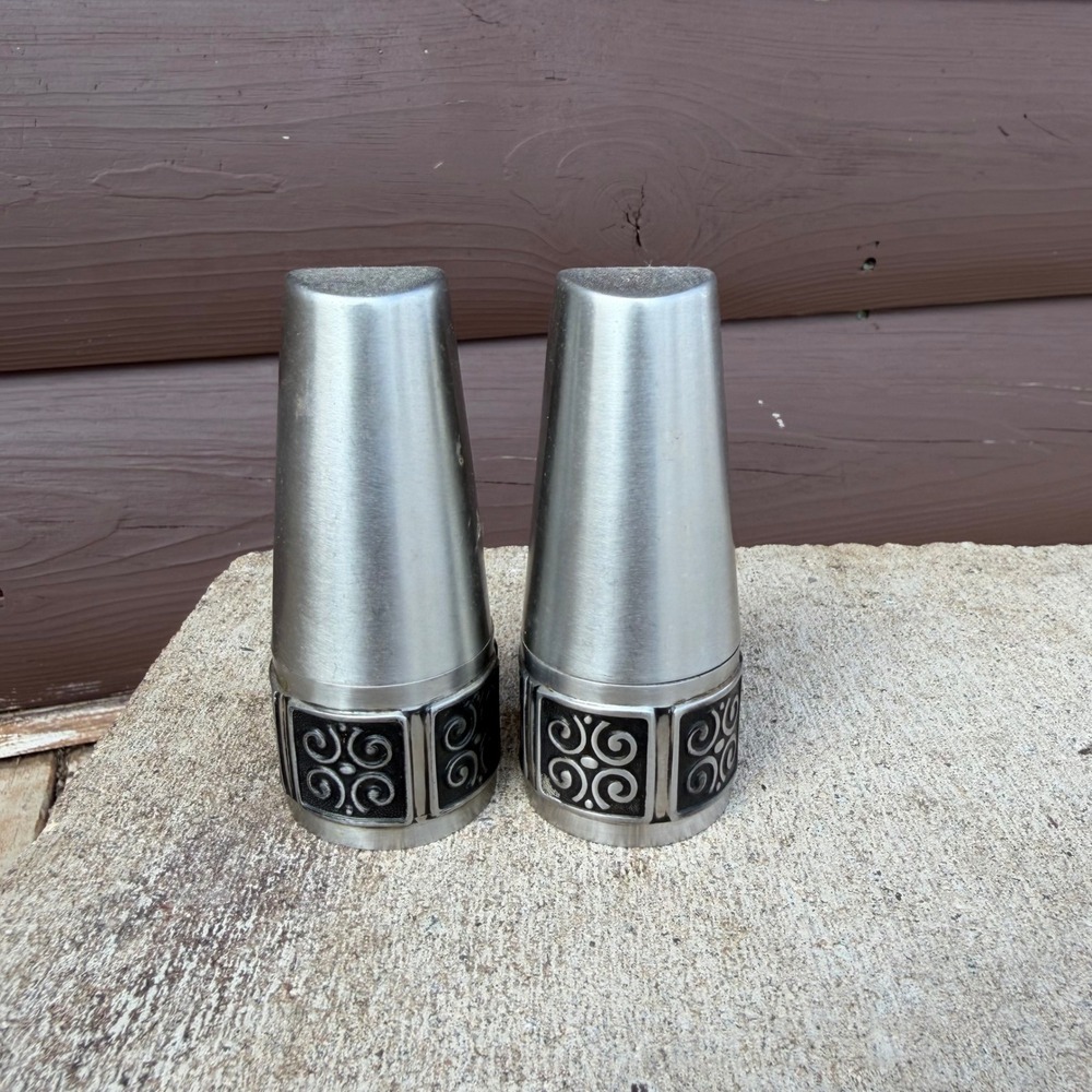 Vtg Rogers Insilco Fashion Stainless Salt and Pepper Shakers MCM Japan Scroll